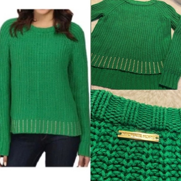 🌹MICHAEL MICHAEL KORS GREEN/GOLD STUD KNIT SWEATER - Picture 1 of 8